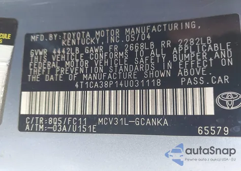 2004 Toyota Camry Solara Se Sport V6 z USA, uszkodzony, nr VIN 4T1CA38P14U031118